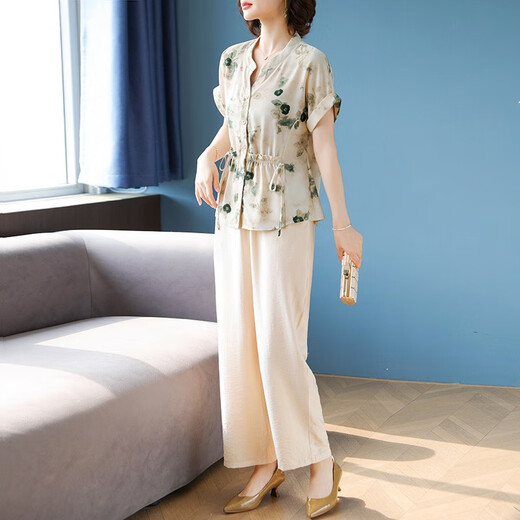 Giordano轻奢妈妈款洋气夏装短袖衬衫上衣中老年人女装夏季雪纺恤睡衣上装 tm-723绿色单上衣 10XL l建议85-100斤