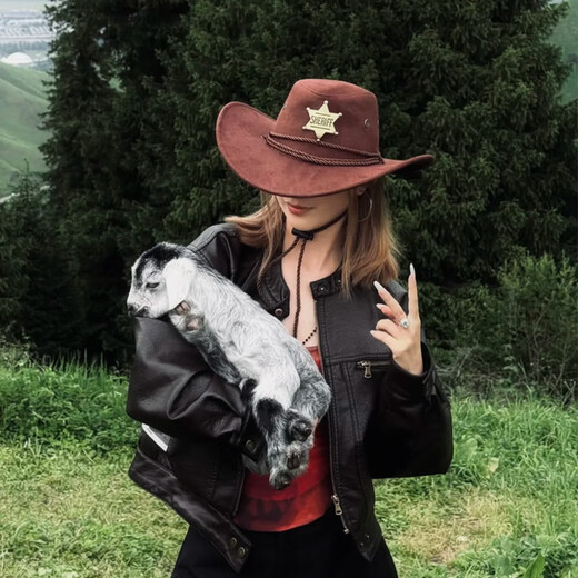 Lu Shanwu Western Cowboy Hat Big Head Circumference Women's Autumn and Summer Big Brim Face Revealing Little Knight Hat Retro Western Sichuan Travel Wear Brown Six-Pointed Star Hat