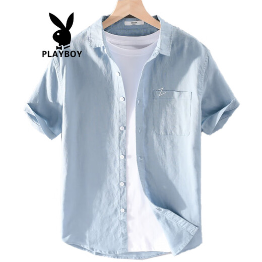 
Playboy (PLAYBOY) men's high-end linen shirt summer trendy brand thin cotton linen top men's casual short-sleeved T-shirt summer clothes yunyi-9711 white M