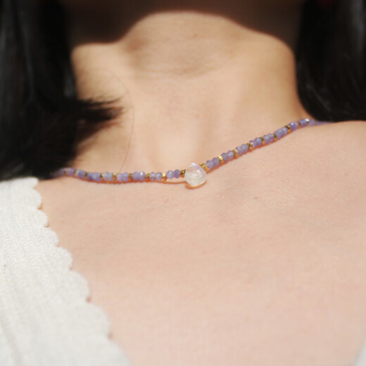 Guran Natural Clavicle Chain Women's Original Design Colored Gemstone Beaded Neck Ornament Blue Moonlight Crystal Pendant Necklace Light Purple 40cm3mm