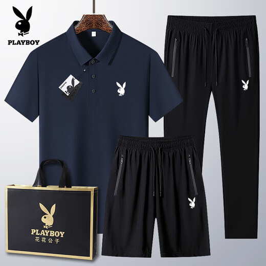Playboy (PLAYBOY) dad summer suit for middle-aged and elderly casual ice silk POLO. shirt short-sleeved T-shirt 40-60 years old clothes black 6629 [shorts] suit M wear 95-110Jin [Jin equals 0.5 kg]
