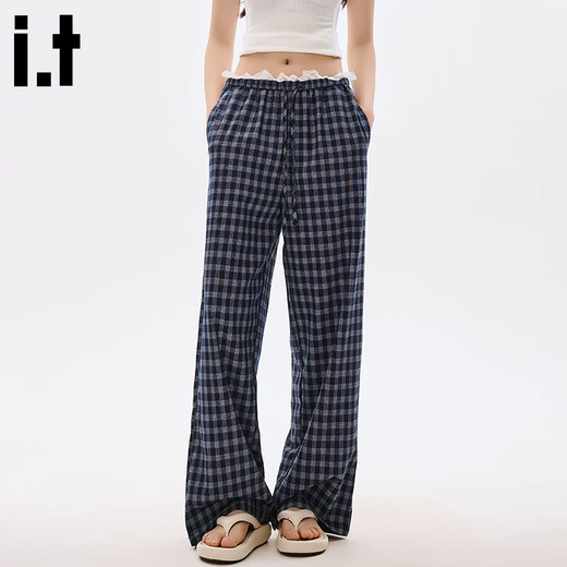 : Chocoolate Es versteckt blaue Plaid-Freizeithosen für Frauen im Sommer Lose Spitzenspitze-Stil gerade Hosen für dunkelblaue Hosen s s