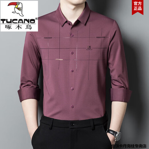 Woodpecker Father Outfit Attends Wedding Dress Long Sleeve Shirt Men's Thin Spring and Autumn High-end Mulberry Silk Shirt Men's BJ6623 Red 175 XL