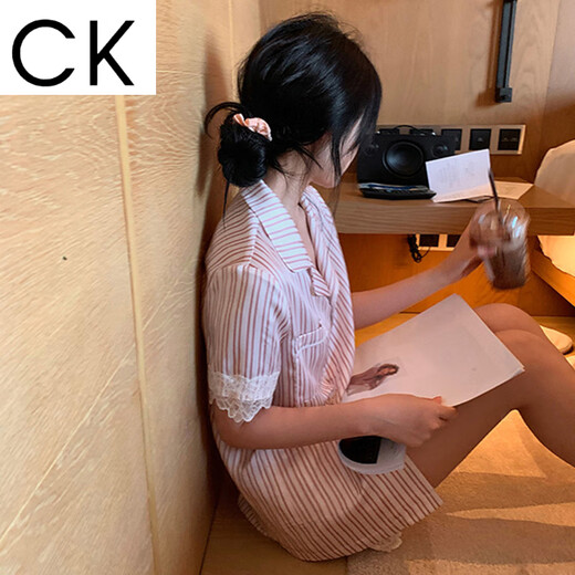 CK蕾丝条纹冰丝睡衣女春夏ins风高颜家居服可外穿 LW-9207【面料】 L 【建议100-115斤】