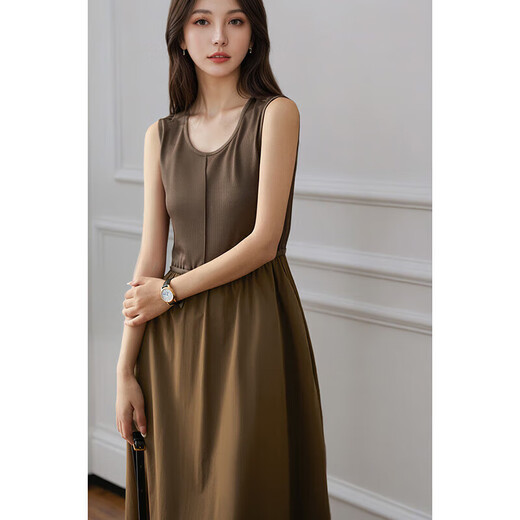 TOUCH MISS high-end retro sleeveless dress for women 2025 summer new round neck waist-hugging slim solid color long skirt classic coffee L