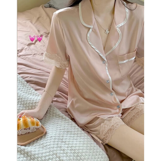 冉艺岚同款冰丝睡衣女夏季短袖薄款ins风高级感粉色花边外穿家居服夏天 浅黄色 #yx-9214 M 75-98斤