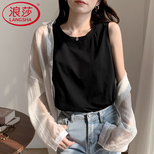 浪莎（LangSha）轻奢新款黑色工字背心女春夏外穿棉吊带色内搭宽松无袖恤上衣潮 6187白色 M