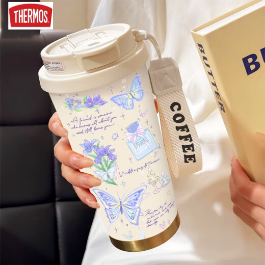 Thermos Simple Butterfly Thermos (Thermos) Acero inoxidable Portable Doble Café Café 2025 nueva taza de agua de paja para mujeres BW1047 Silver Butterfly + Lanyard Ceramic Inter