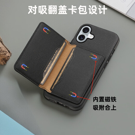 玖堡iphone15promax手机壳新款14带卡包适用苹果16零钱包13双卡位12放卡11插卡xr卡套plus带支架可装证 骑士黑 背贴卡包一体款 可放卡 iPhone 16