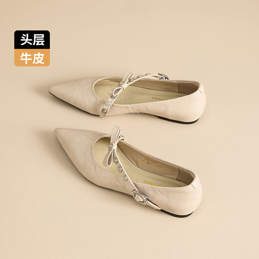 Zhr Top Layer Cowhide Mary Zhen Chaussures pour femmes Boucle de mode polyvalente Soft Sole Light Bouche célibataire pour femmes S687 BEIGE 36