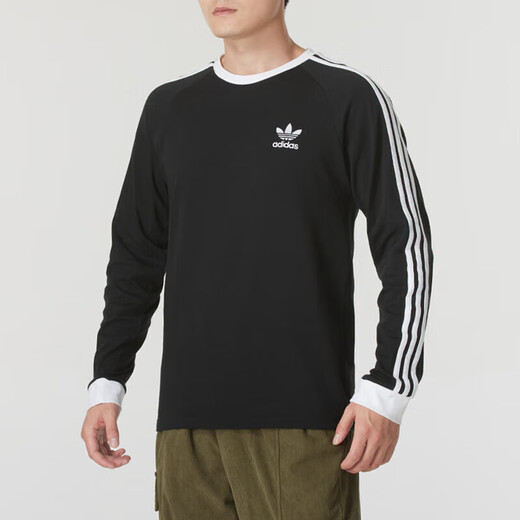 阿迪达斯（adidas）三叶草男装上衣 2025夏季新款时尚三条纹黑白圆领休闲长袖T恤衫 IA4877 L