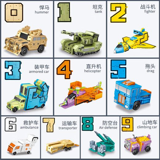 Deer Teng Combinación digital Transformación Toy Dinosaurio Robot Boy King Kong Car 5 Bloques de construcción 4 Letras de 6 años Niños 3 Caja de regalo Craft 26 Letras + 9 Número Transformación