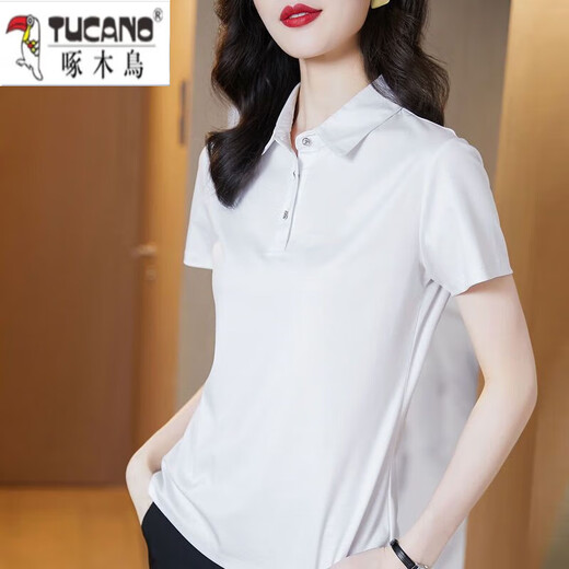 
Woodpecker Pure Cotton 2025 New Summer T-shirt Women's Short-Sleeve Lapel Polo Shirt Versatile Korean Style Fashion Led Top Women 1048# Black XL Recommended 100-120Jin [Jin equals 0.5 kg]