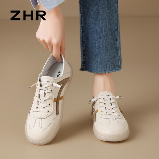 ZHR休闲鞋女真牛皮轻便小白鞋女百搭圆头透气女鞋 A67N米棕38