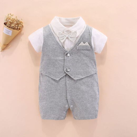 Dora Mag baby one-piece male baby gentleman's clothes spring and autumn baby one-month-old dress newborn baby one-year-old dress heather gray (summer thin fake two pieces) 6M recommended for about 6 months