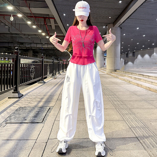 勤度爵士舞服装女套装成人夏季短袖休闲运动团演出服曳步舞跳舞广场舞 玫红色上衣8829+白裤子6627 M