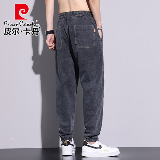 皮尔卡丹（pierre cardin）浅蓝色针织牛仔裤男宽松潮牌工装束脚裤子薄款男裤夏季休闲九分裤 HJ9908深灰色 M