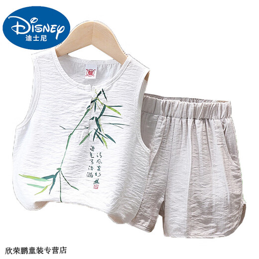 Disney baby boy summer vest cotton linen two-piece set handsome 2025 new baby casual clothes children's sleeveless suit trendy white suit 120 suggest 110-120cm3-4 years old cm