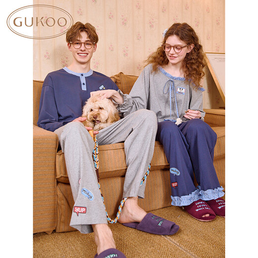 Gukoo Couple Pajamas Spring and Autumn Women's New Pajamas Disney Cotton Men's Home Clothes Set Can Be Weared Out C Denim Blue Couples Home Clothes L Women