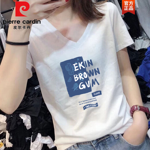 皮尔卡丹（pierre cardin）白色v领短袖t恤女2022新款夏季半袖韩版宽松大版女装上衣女士百搭 白色花旦9901(V领) M 建议80-100斤