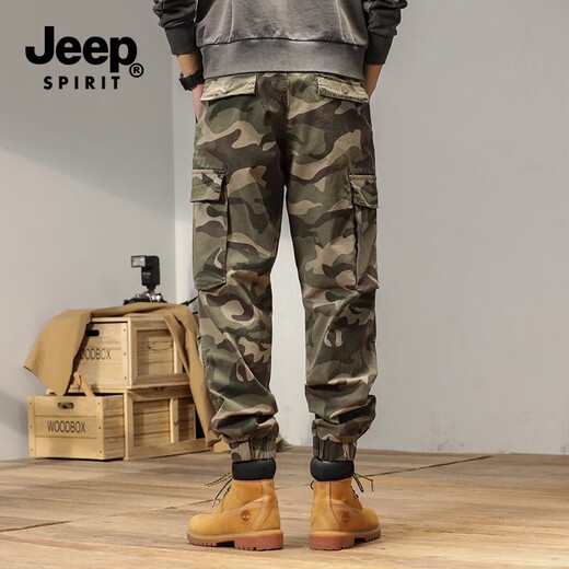 JEEP SPIRIT Jeep American work pants men's high street loose harem pants pure 95 cotton spring and autumn camouflage pants wear-resistant ties casual pants Camouflage khaki regular 38