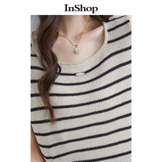 InShop【商场同款】新款立体小标条纹针织衫女气质单穿坎肩上衣 杏条 S