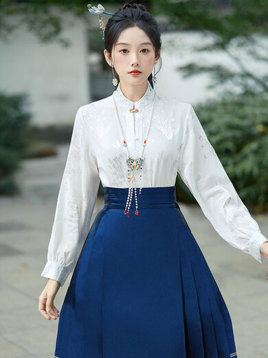 冉艺岚同款马面裙搭配的上衣新中式国风刺绣衬衫女2024春秋新款衬衣古风 12041白色上衣 S