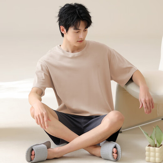 猫人男士睡衣男夏季纯棉100%全棉短袖短裤套装男生宽松大码圆领家居服 浅咖13603 4XL 【推荐180-200斤】