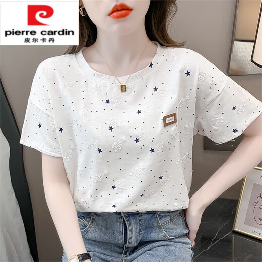 Pierre cardin pure i cotton printed short-sleeved T-shirt for women 2025 summer new loose print design versatile T-shirt top trend 1396# white S suitable for 80-99Jin [Jin equals 0.5 kg]