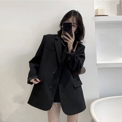 Yu Yaman Suit Women's Suit Jacket Korean Style Loose Spring and Autumn Small Man Interview and Defense Commuting Top Long Sleeve Black L Size