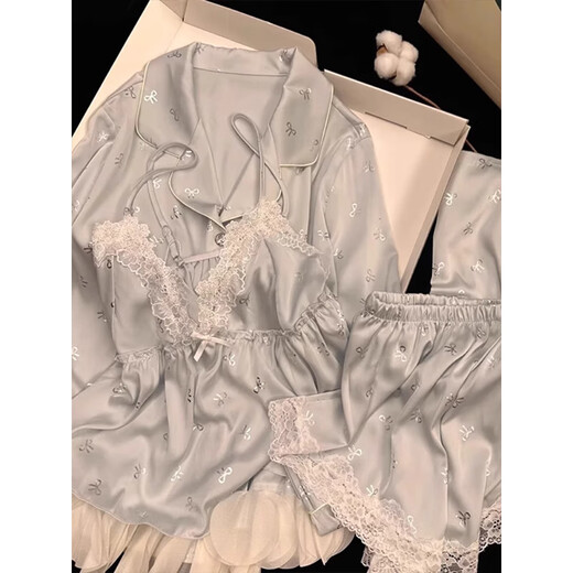 
Miao Dai 2025 summer ice ribbon chest pad pajamas for women four-piece set lace bow embroidered sexy sweet home clothes blue [with chest pad] suspenders + shorts M (160)