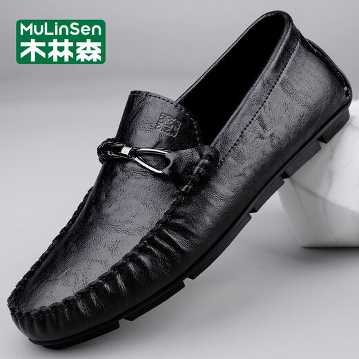 木林森（MULINSEN）休闲皮鞋男真皮软面豆豆鞋春秋季透气软底一脚蹬懒人鞋驾车爸爸鞋 DY-HHW9913黑色 38
