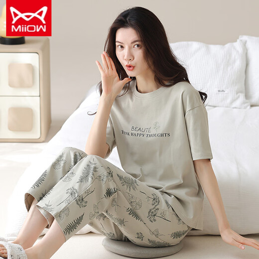 Catman Miiow Pyjamas für Frauen im Frühjahr und Sommer kurzärmelige Hosen koreanische Studenten können im Sommer im Sommer reine Baumwoll-Kleidungsanzüge im Kurzlänge M-Kurzlängen-M (80-100jin [Jin gleich 0,5 kg]) tragen)