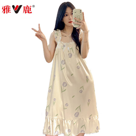雅鹿睡裙女夏季自带胸垫冰丝凉感吊带睡衣夏天女士甜美可爱家居服春秋 3888【不可拆胸垫】 M 【75-100斤】