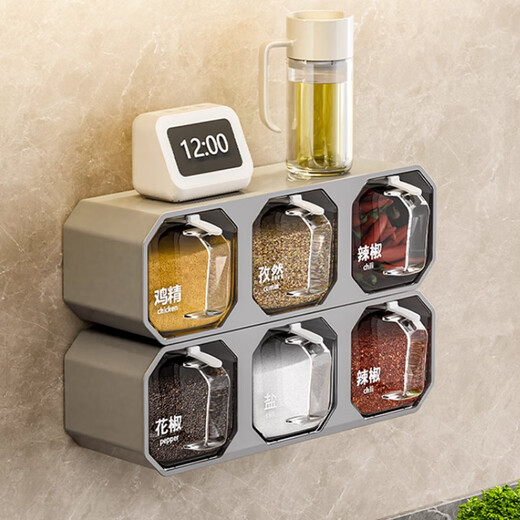 Oak song wall-mounted seasoning box kitchen household seasoning jar seasoning jar seasoning combination set storage salt MSG seasoning bottle jar gray-six grids horizontal and vertical dual-use free spoon + label