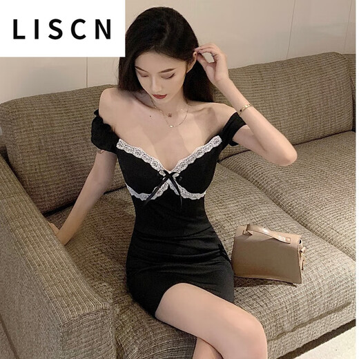 LISCN小黑裙女夏赫本风连衣裙气质小个子蕾丝拼接纯欲v领性感夜店裙子 黑色 L