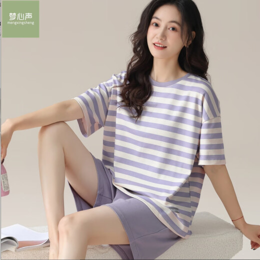 梦心声带胸垫一体睡衣女夏季莫代尔短袖短裤套装可外穿条纹家居服 莫代尔套装【带胸垫】梦W12611 M 女