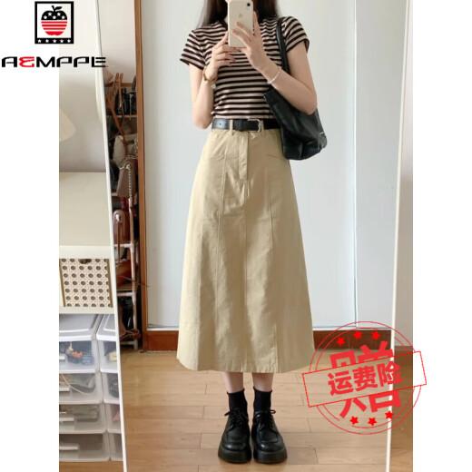 AEMAPE [1070 people collect] Retro work clothes wash cotton skirt for women in spring and summer medium-length temperament straight skirt covering hips, beige 6628# One size 80-130Jin [Jin equals 0.5 kg]