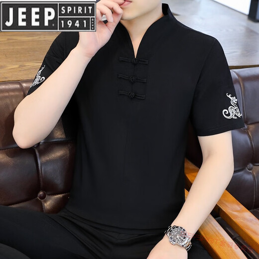 Jeep Spirit Ice Silk T-Shirt Herren kurzärmelig 2025 Neue Männer chinesischen Stil V-Ausschnitt mit halbärmeligem Sommer Thin Chinese Style T-Shirt E9871 Schwarz (eisiger glatt) 5xl