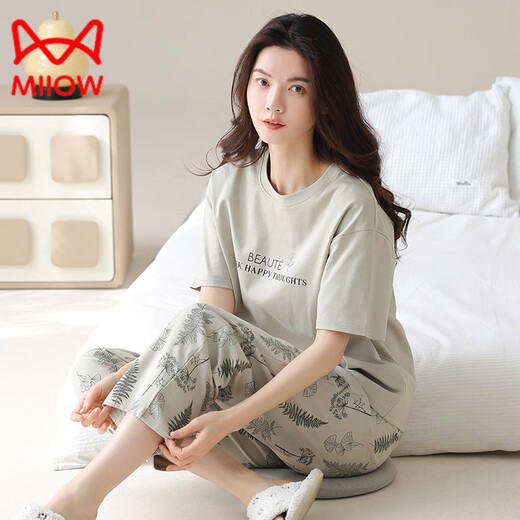 Catman (MiiOW) pajamas for women in summer pure cotton short-sleeved trousers thin cotton summer ladies home clothing suit spring and autumn YZT9712 short.sleeved long.trousers M 80-100Jin [Jin equals 0.5 kg]