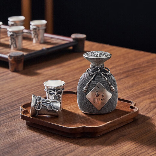 Guiyintang pure silver 999 wine set retro Chinese style high-end gift wine set sterling silver hip flask small white wine cup picture hip flask about 205 grams + certificate + gift box