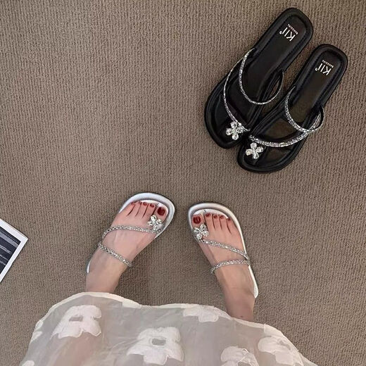 Belle Pedal Toe Fashion et style fée polyvalent à l'extérieur portant des sandales à semelle à semelle antidérapante en strass de couleur solide de tête ronde à tête rond