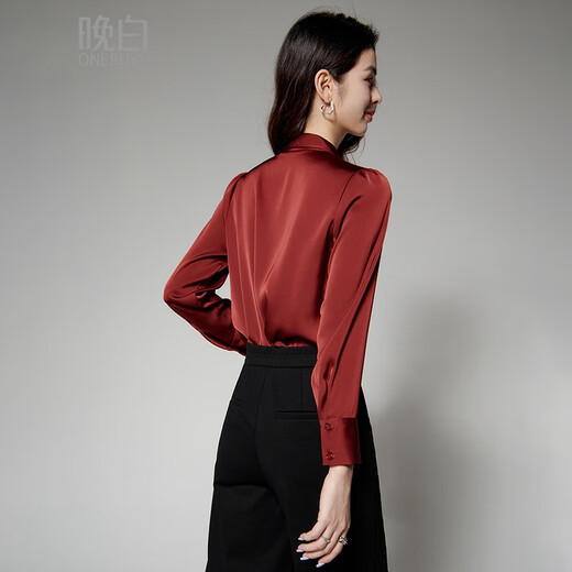 Late White New Product 2025 Autumn Style Chinese Red Lace Elegant Shirt Commuting Solid Color Light Mature Fashion Shirt Women Dark Red M