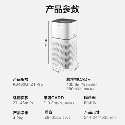 Midea air purifier, formaldehyde removal purifier, sterilization, odor removal, allergen pollen lint removal, smoke odor removal purifier, first-class energy efficiency, formaldehyde removal and odor removal Z1 Pro