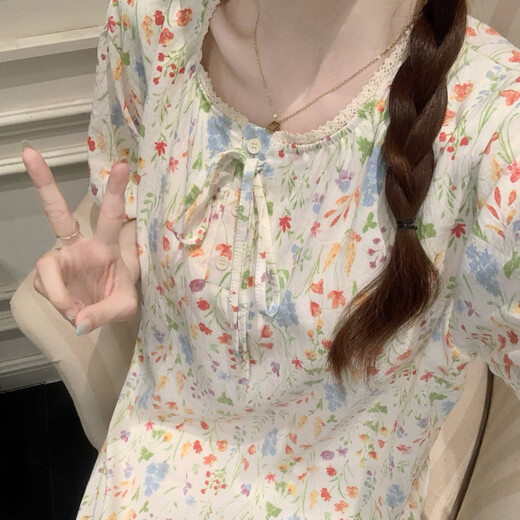 雅鹿公主风睡衣女款夏季带胸垫彩色碎花田园风短袖睡裙2025新款家居服 16864 粉花绿叶 固定胸垫 2XL 175