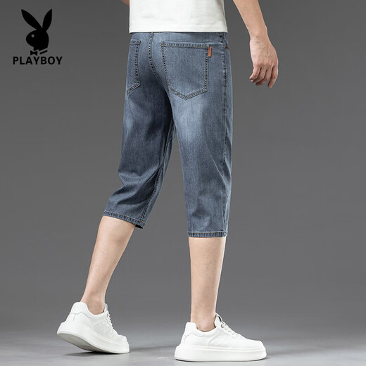花花公子（PLAYBOY）高端天丝凉感七分牛仔裤男士夏季薄款宽松直筒冰丝短裤潮流休闲 757冰砂蓝+759砂洗蓝 31 腰围二尺四