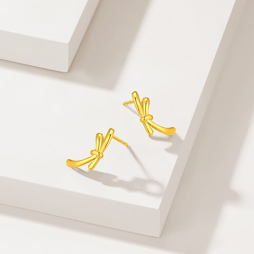Chao Acer to Jane Bow Yellow 18K Gold Earrings Women's Gold Earrings for Workplace Commuting as a Birthday Gift for Girlfriend One Pair Contains Silicone Ear Plugs