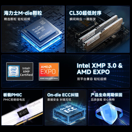 KINGBANK Yinjue ddr5 6000c30 black blade ddr5 memory stick 16gx2 desktop memory 680032g memory stick 7200 game e-sports vest strip 6400 domestic particles Yinjue 32G (16Gx2) 6000 C30 M generation