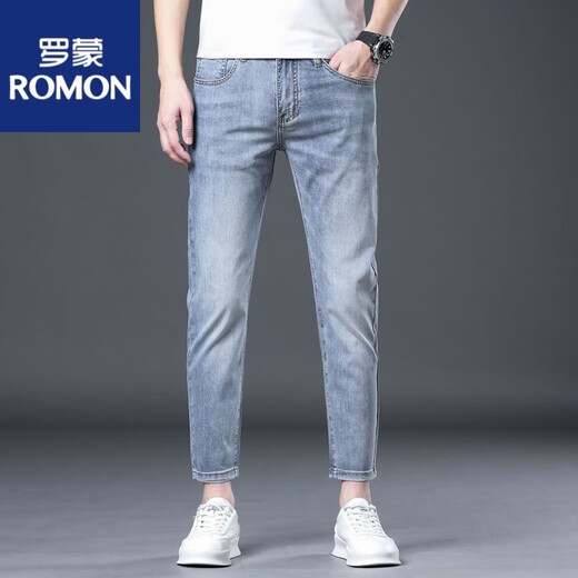 罗蒙（ROMON）夏季高端新款九分裤浅色牛仔裤男韩版潮流修身小脚裤2025新款长裤 9719 28