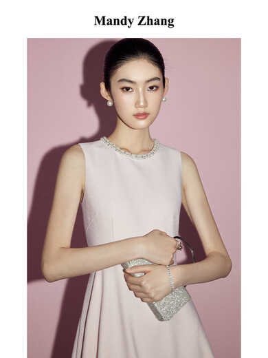 Mandy Zhang法式赫本风气质粉色订婚连衣裙女夏季宴会正式礼服裙子 樱花黛粉 珍珠镶钻 S